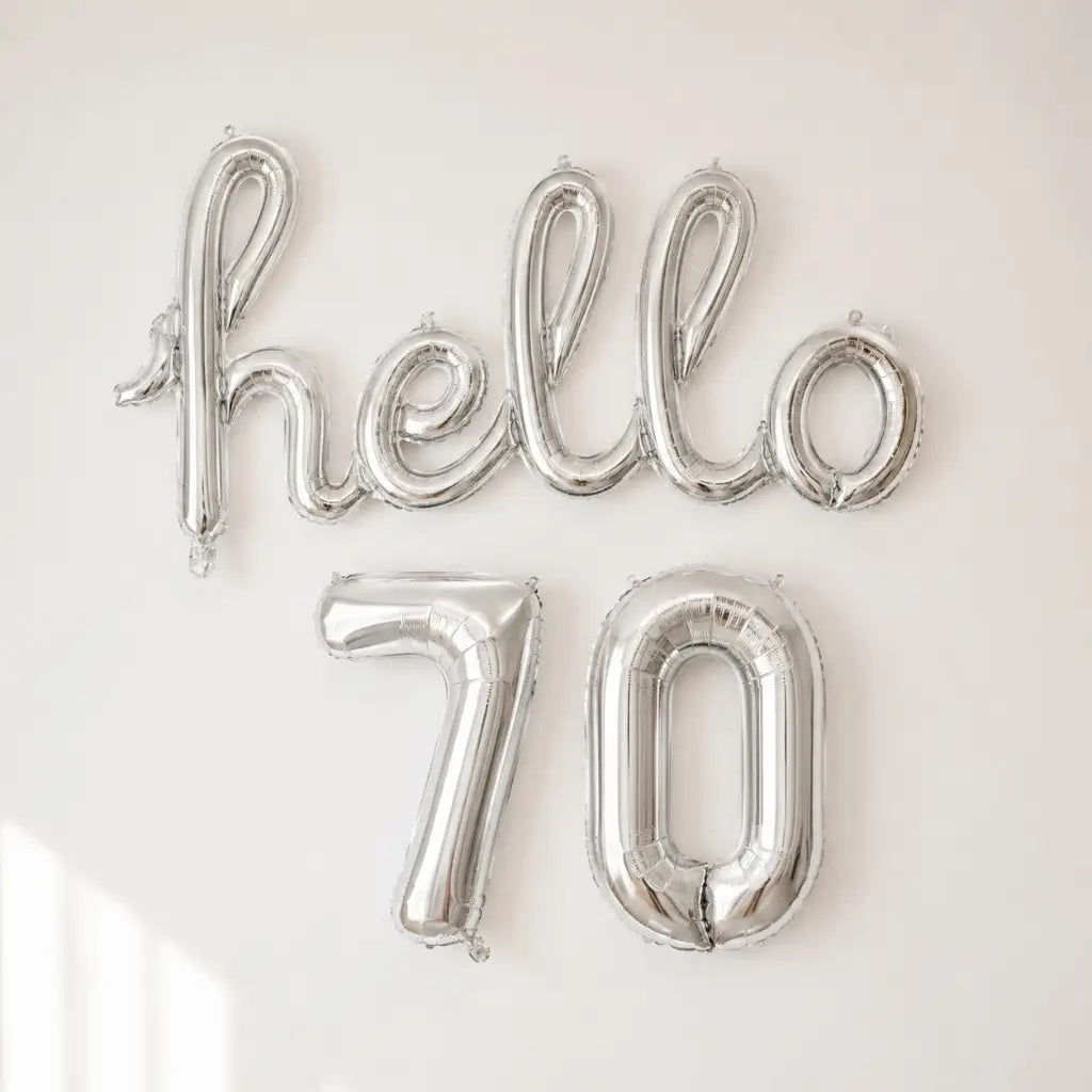 Silver 'hello 70' Script Birthday Foil Balloon Banner