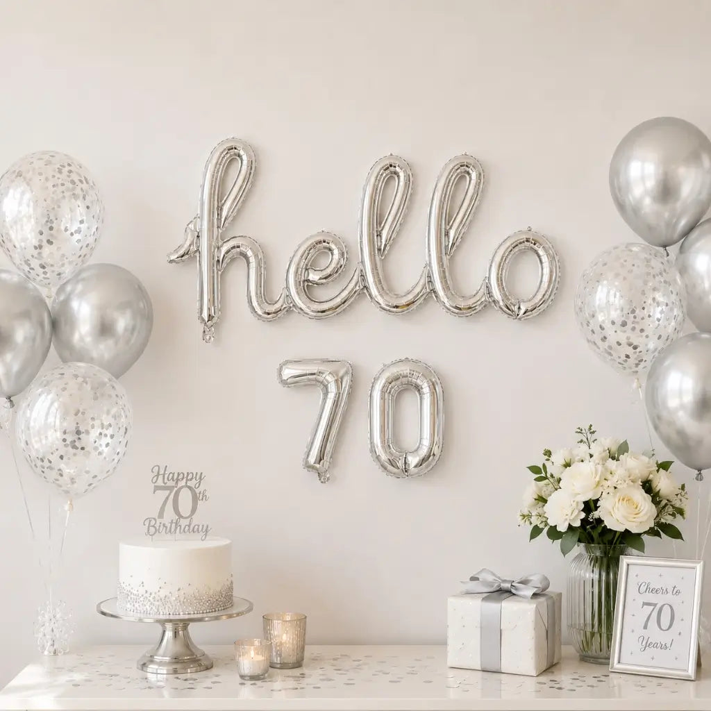 Silver 'hello 70' Script Birthday Foil Balloon Banner