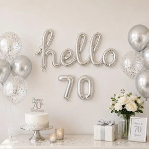 Silver 'hello 70' Script Birthday Foil Balloon Banner