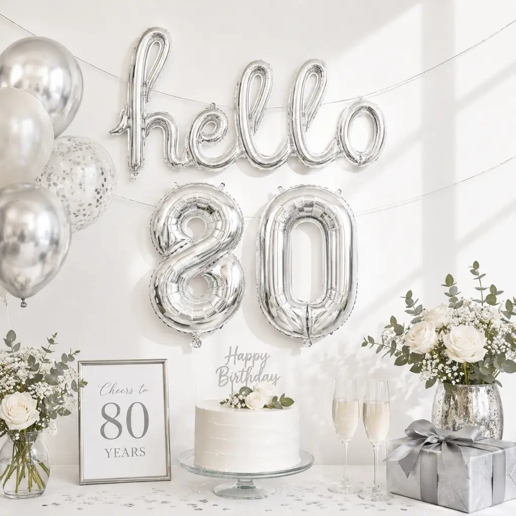 Silver 'hello 80' Birthday Foil Balloon Banner