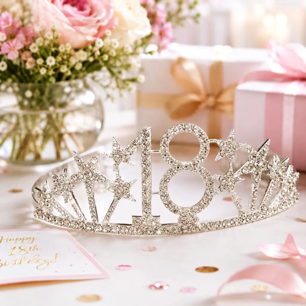 Silver Metal Rhinestone Age 18 with Stars Birthday Tiara
