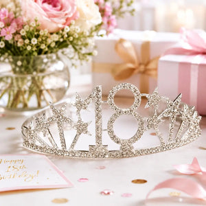 Silver Metal Rhinestone Age 18 with Stars Birthday Tiara