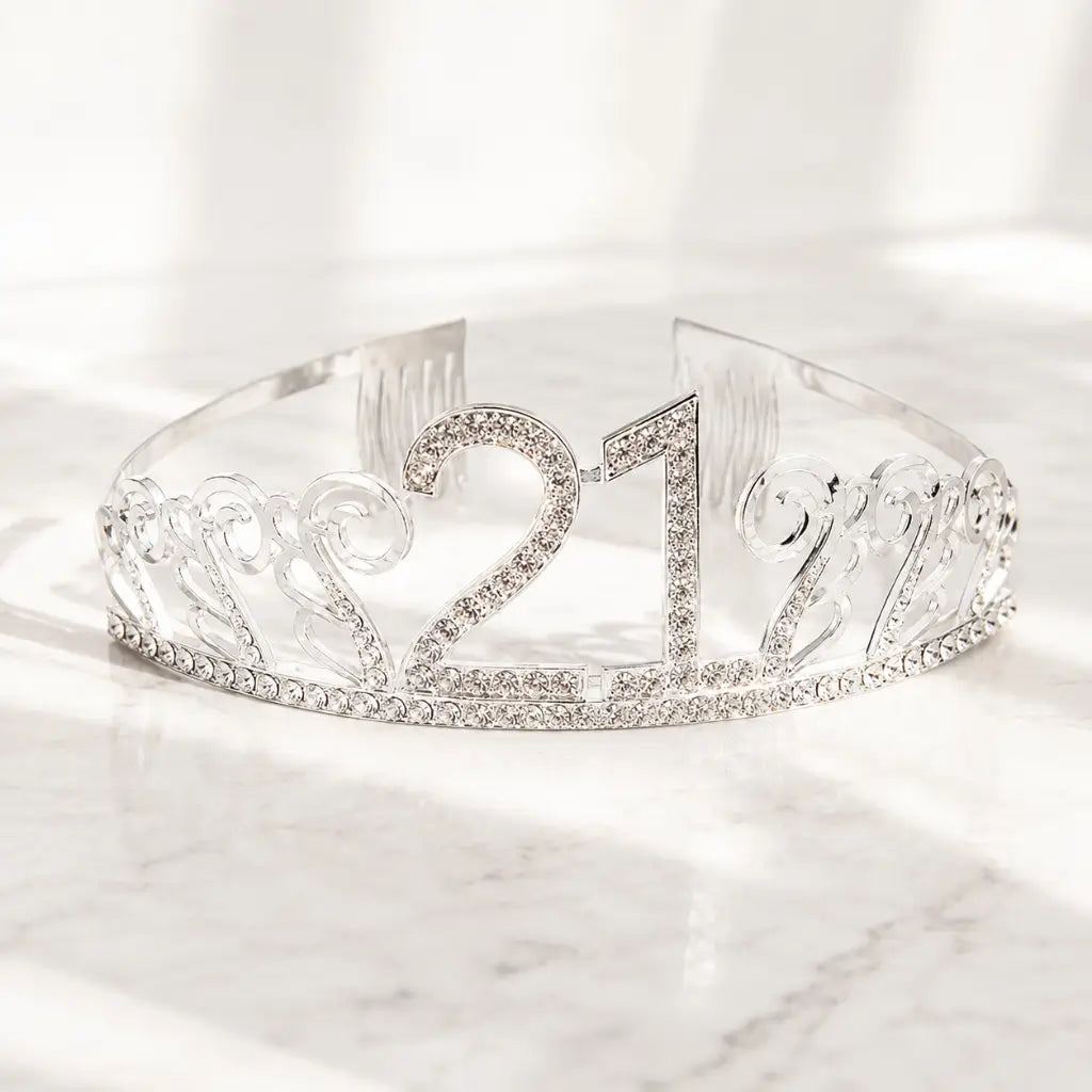 Rhinestone Age 21 Birthday Metal Tiara - Silver