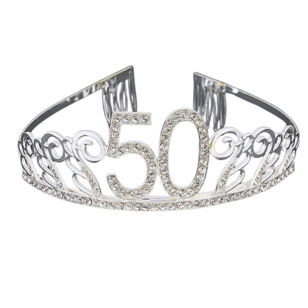 Rhinestone Age 50 Birthday Metal Headband - Silver