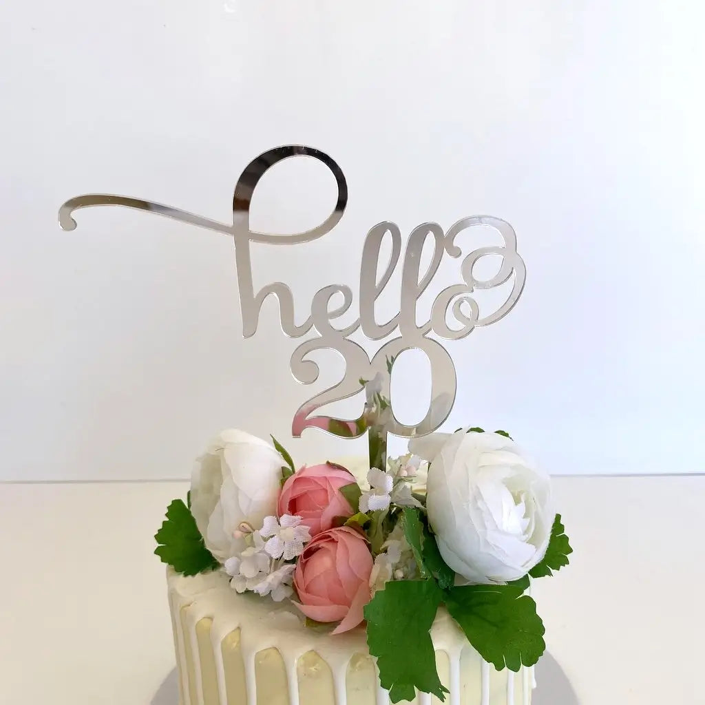 Silver Mirror Acrylic Hello 20 Birthday Cake Topper