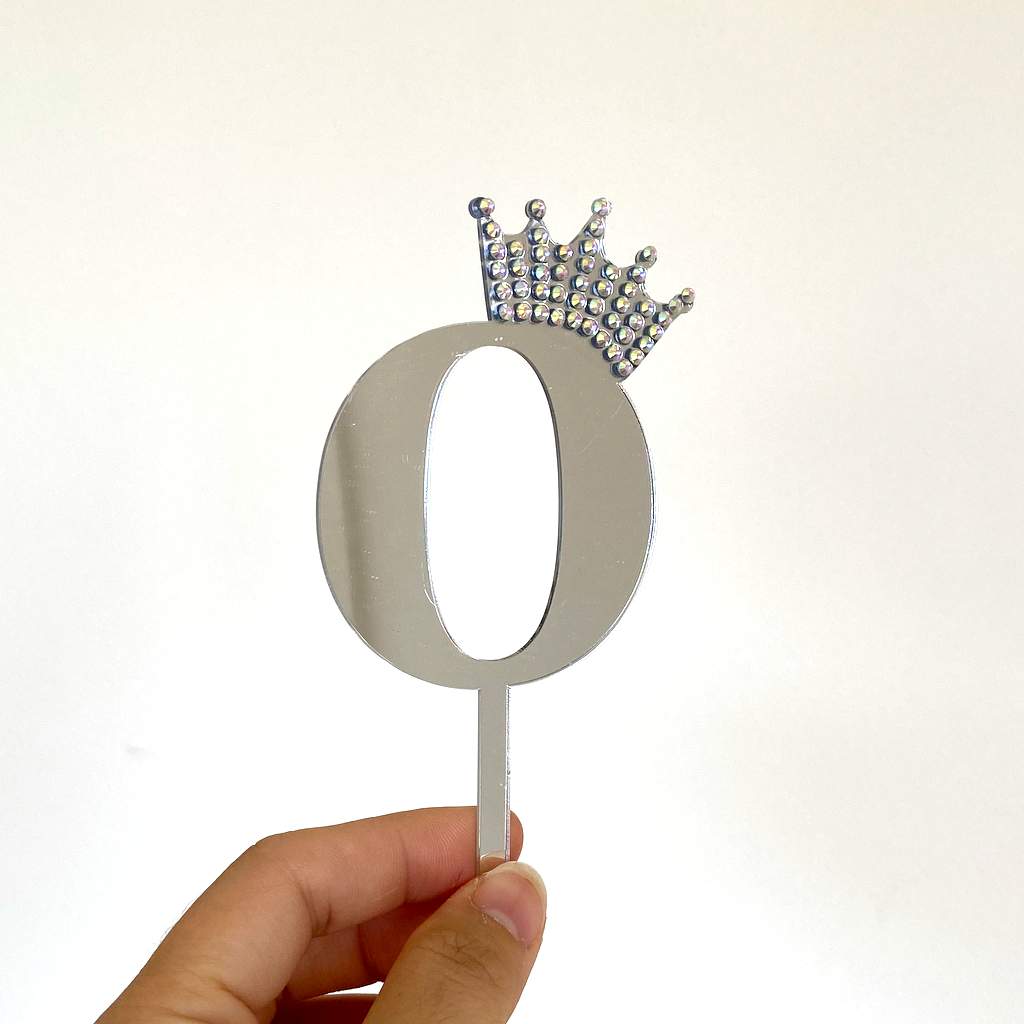Acrylic Silver Mirror Number 0 Rhinestone Crown Cupcake Topper
