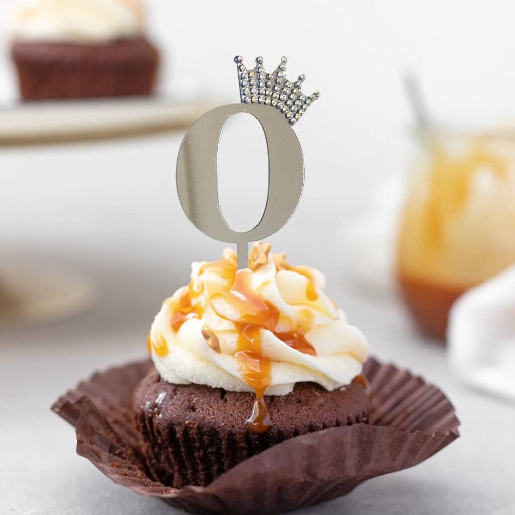 Acrylic Silver Mirror Number 0 Rhinestone Crown Cupcake Topper