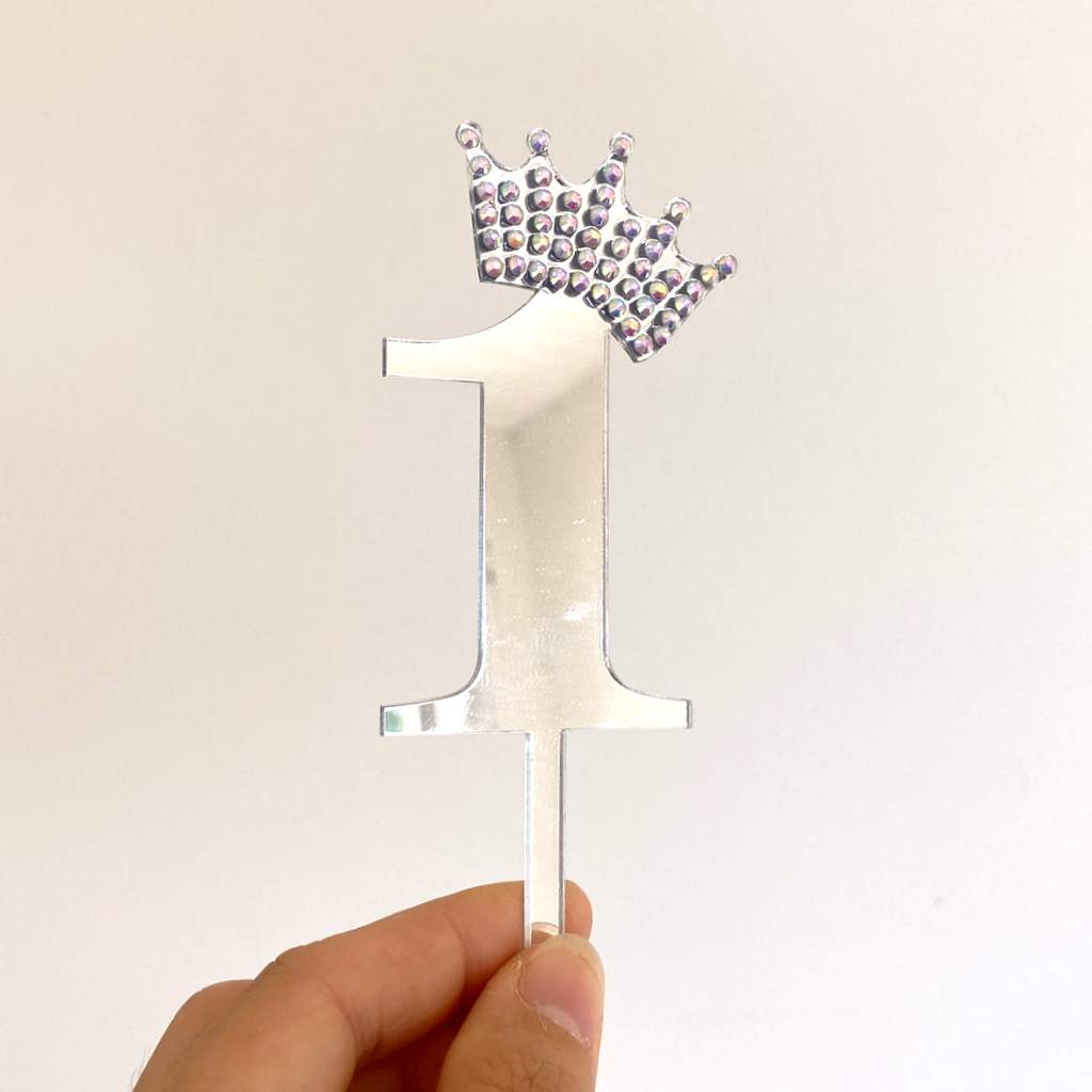 Acrylic Silver Mirror Number 1 Rhinestone Crown Cupcake Topper