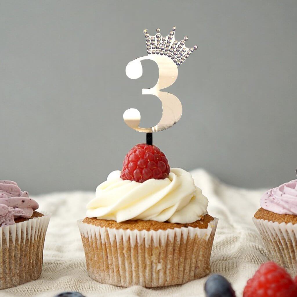 Acrylic Silver Mirror Number 3 Rhinestone Crown Cupcake Topper