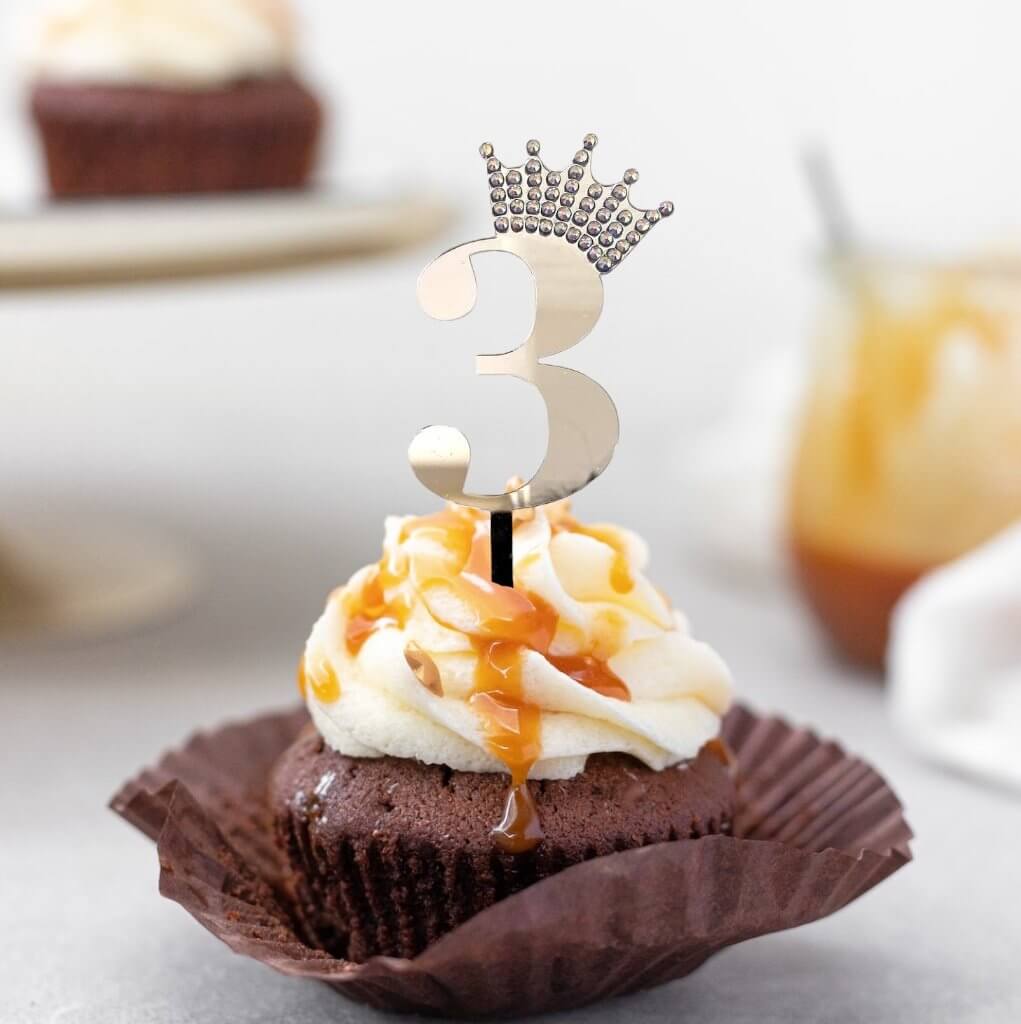 Acrylic Silver Mirror Number 3 Rhinestone Crown Cupcake Topper