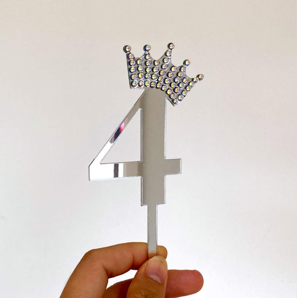 Acrylic Silver Mirror Number 4 Rhinestone Crown Cupcake Topper