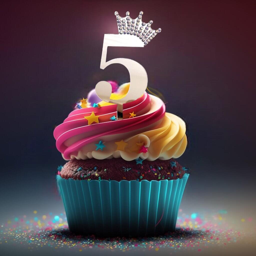 Acrylic Silver Mirror Number 5 Rhinestone Crown Cupcake Topper