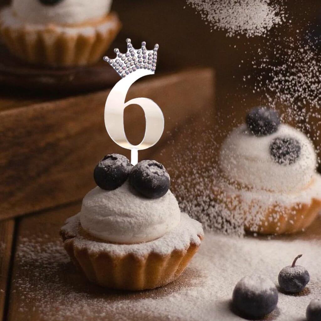 Acrylic Silver Mirror Number 6 Rhinestone Crown Cupcake Topper
