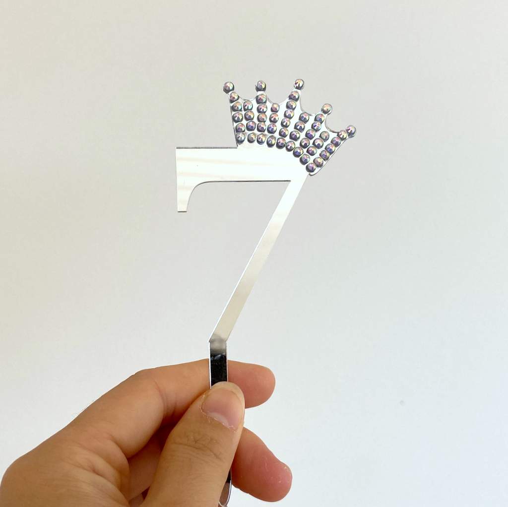 Acrylic Silver Mirror Number 7 Rhinestone Crown Cupcake Topper