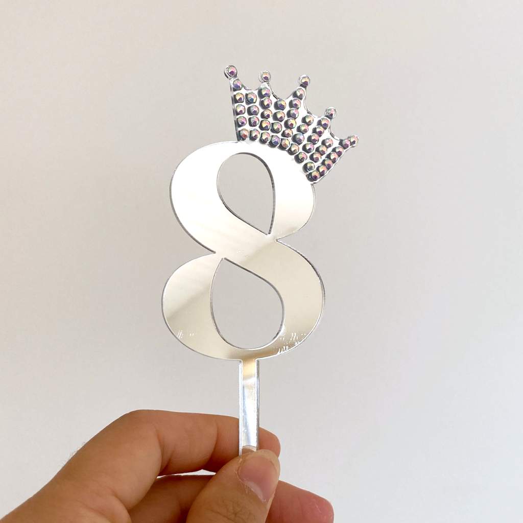 Acrylic Silver Mirror Number 8 Rhinestone Crown Cupcake Topper