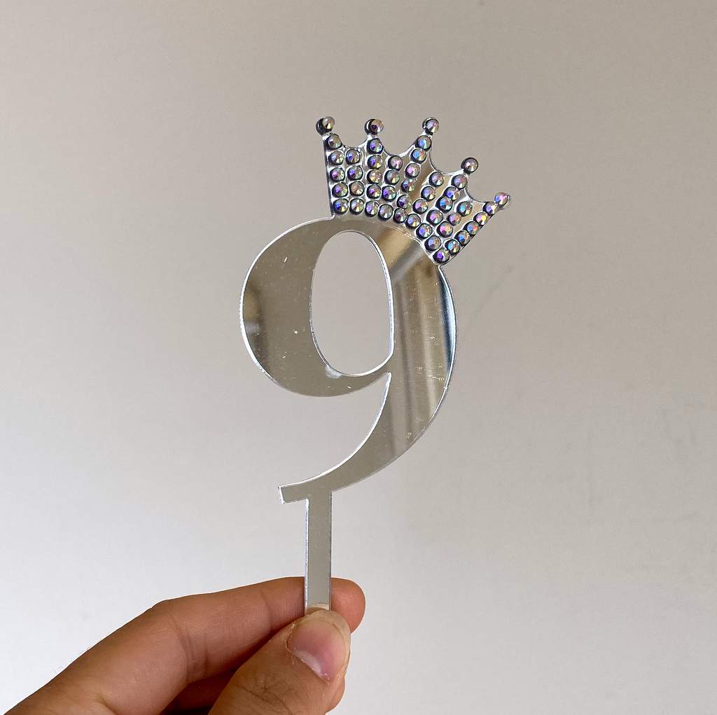 Acrylic Silver Mirror Number 9 Rhinestone Crown Cupcake Topper
