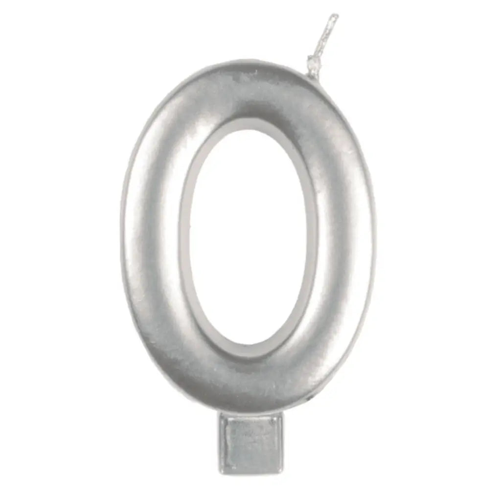 Metallic silver moulded number 0 birthday candle 