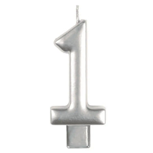 Metallic silver moulded number 1 birthday candle