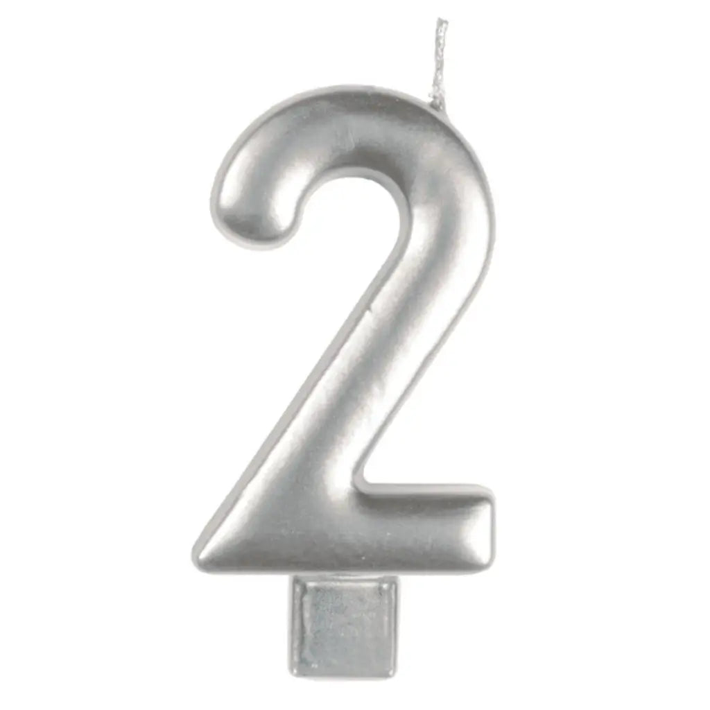 Metallic silver moulded number 2 birthday candle