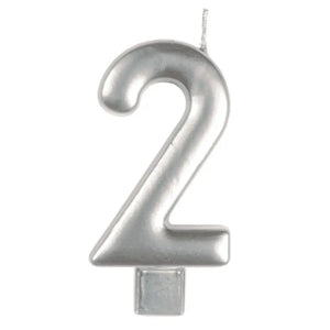 Metallic silver moulded number 2 birthday candle