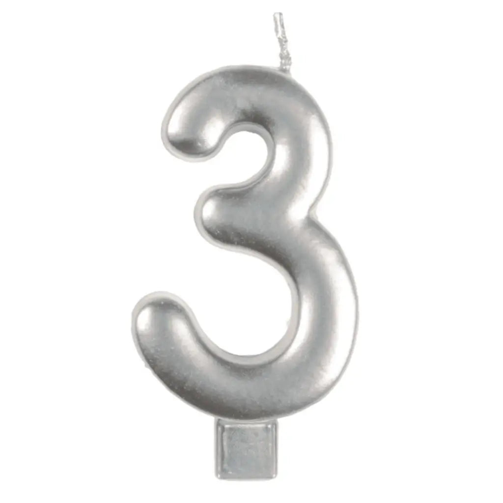 Metallic silver moulded number 3 birthday candle