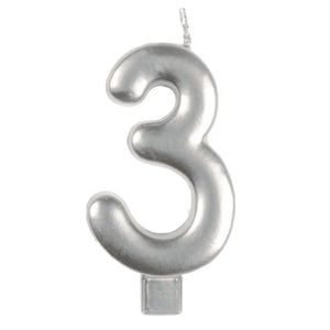 Metallic silver moulded number 3 birthday candle