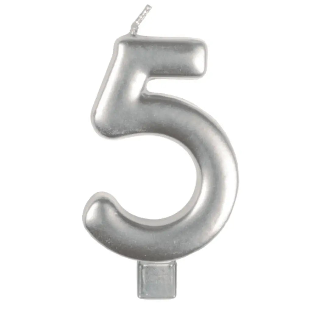 Metallic silver moulded number 5 birthday candle