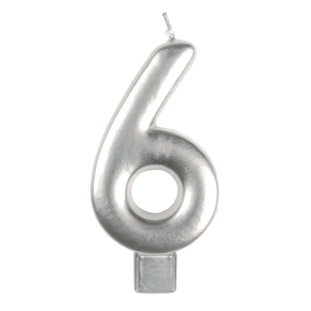 Metallic silver moulded number 6 birthday candle