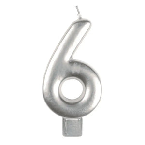 Metallic silver moulded number 6 birthday candle