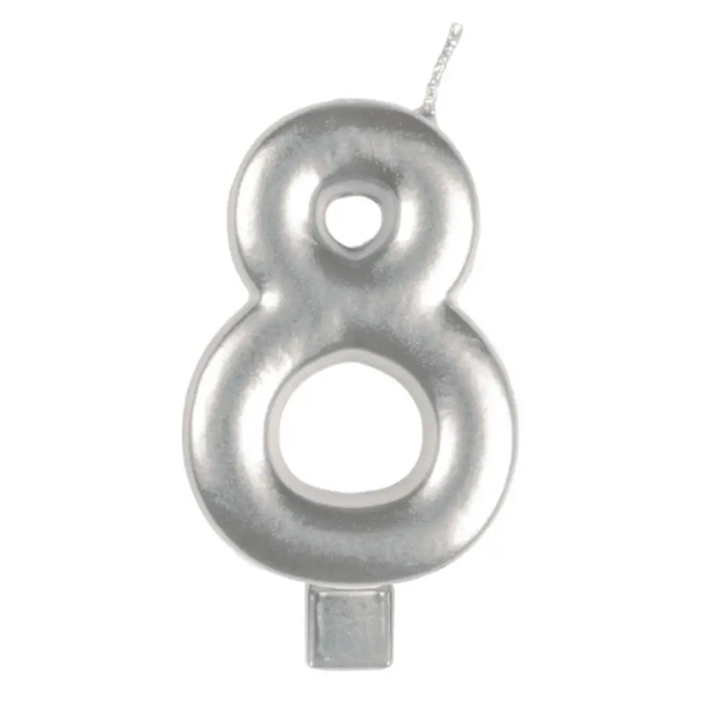 Metallic silver moulded number 8 birthday candle