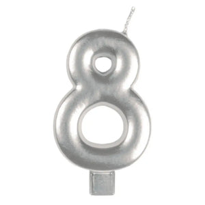 Metallic silver moulded number 8 birthday candle