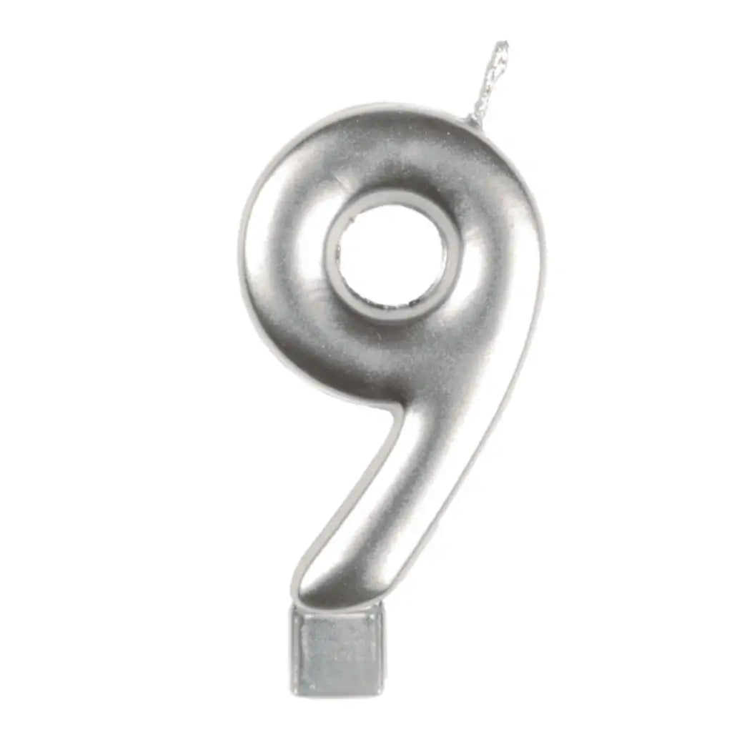 Metallic silver moulded number 9 birthday candle