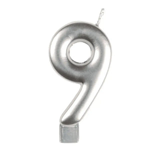 Metallic silver moulded number 9 birthday candle