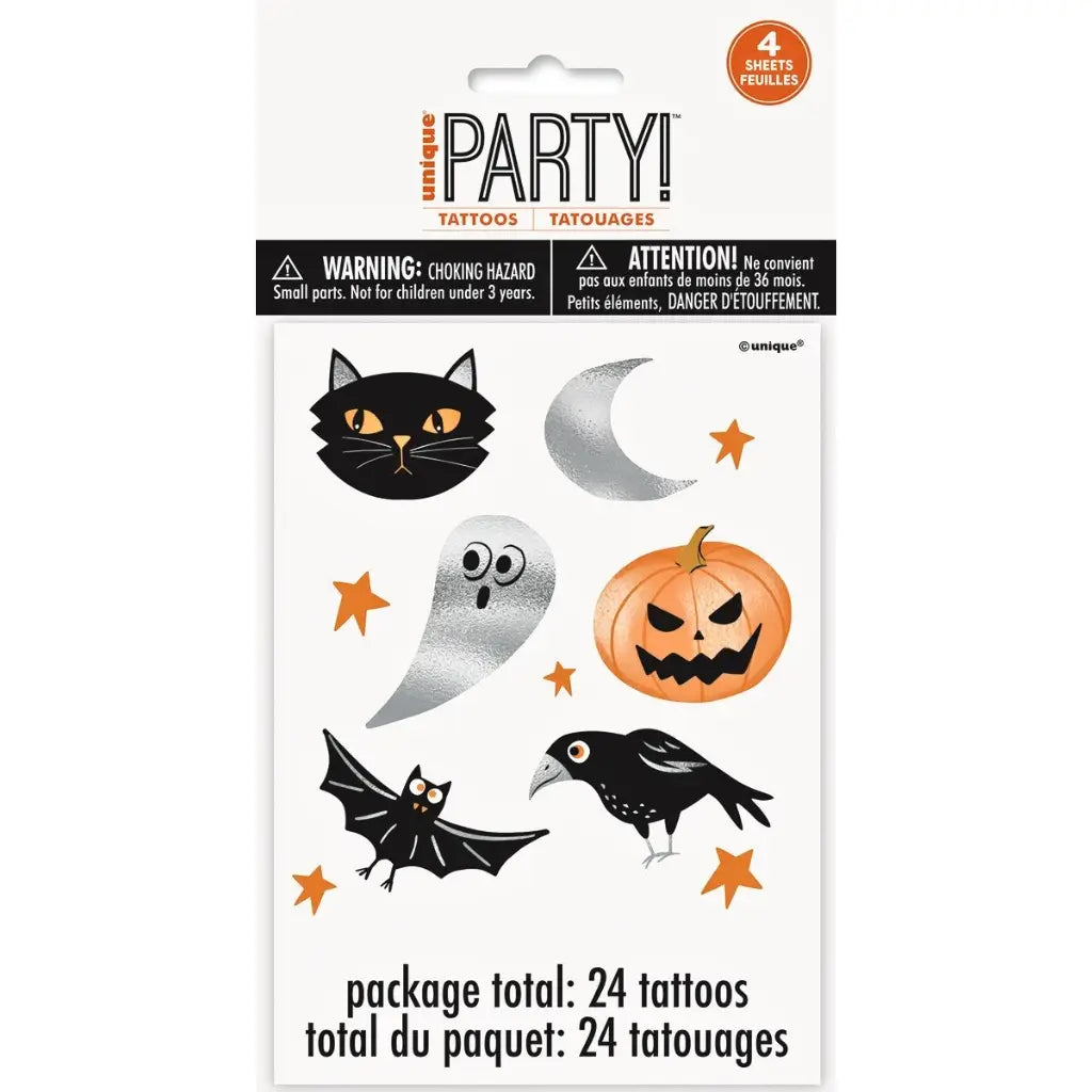 Twenty-four silver orange and black foil Halloween temporary tattoos