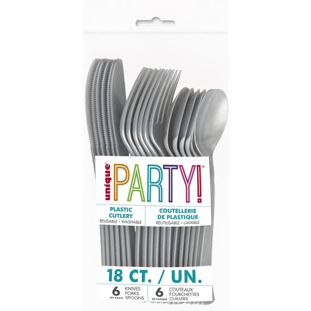 Silver reusable plastic cutlery set with six knives, six forks and six spoons 
