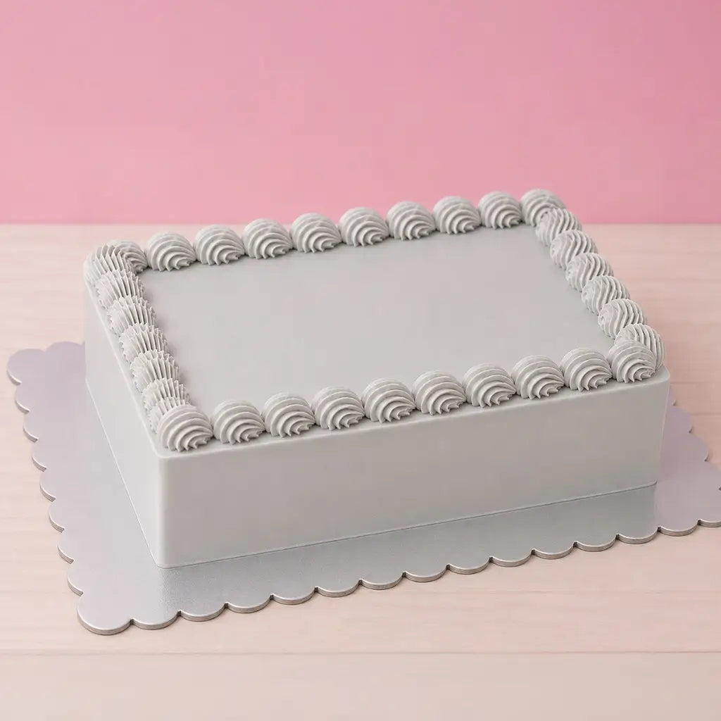 silver rectangle cake board with scalloped edges