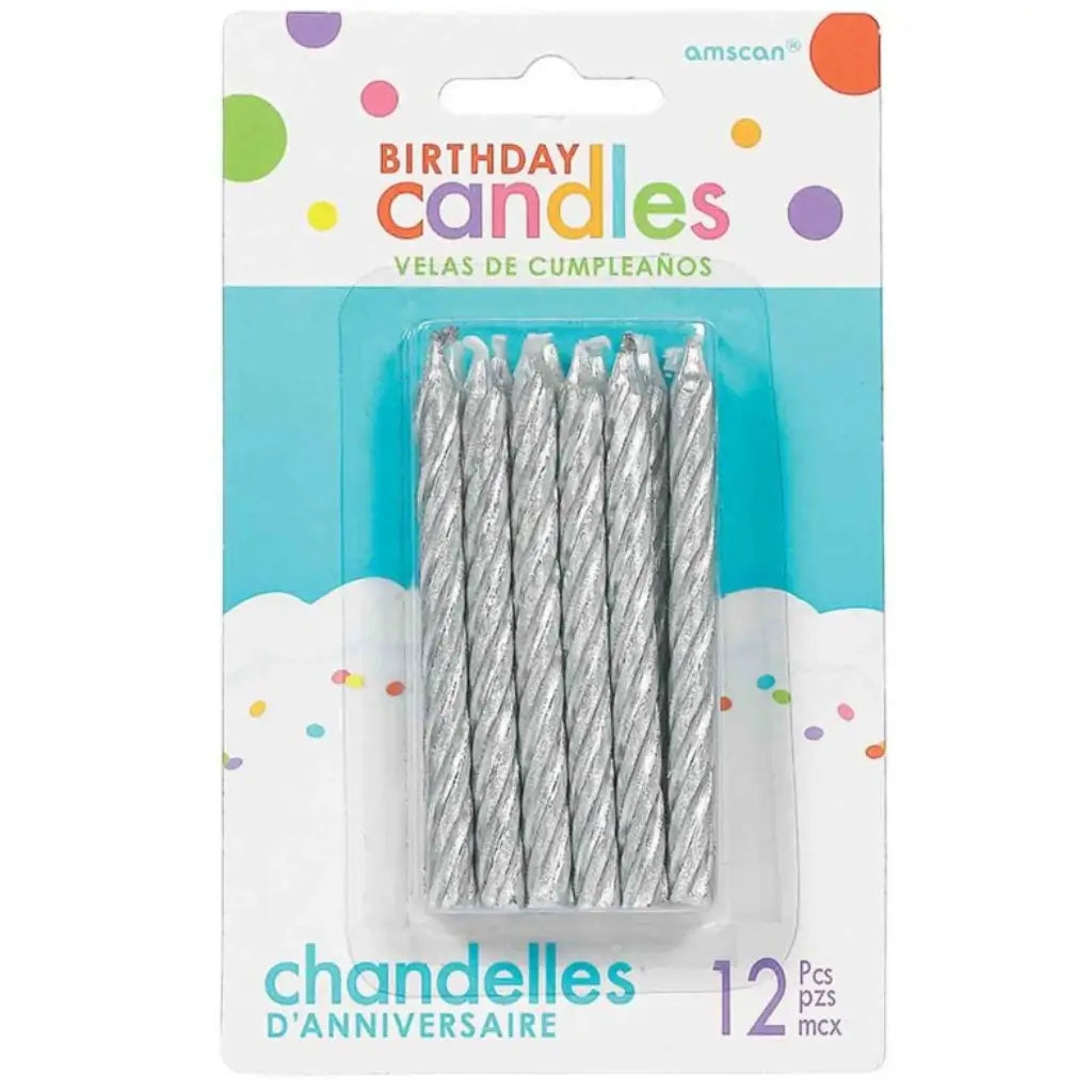 Metallic silver twisted cake candles measuring approximately 8cm