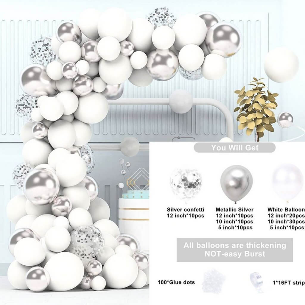 Chrome Silver & White Latex Balloon Garland Kit