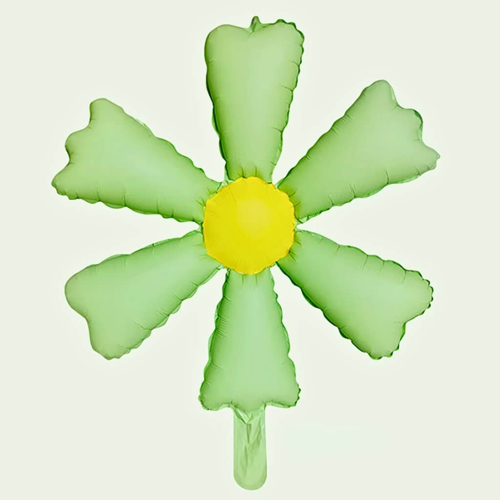 Pastel green daisy foil balloon with six petals and yellow centre