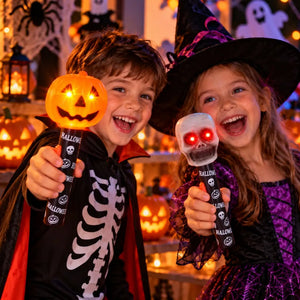 Orange jack-o’-lantern Halloween flashing torch with black handle