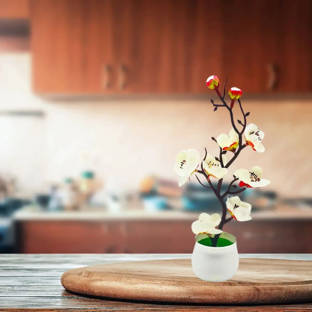 Small Artificial White Plum Blossom Bonsai Potted Plant