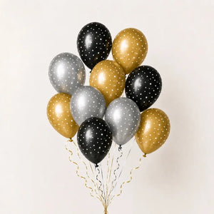 10 black gold and silver latex balloons printed with small white stars