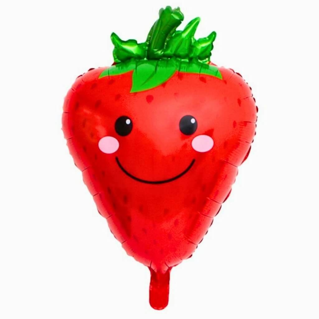 Strawberry-shaped balloon with a smiley face on a white background