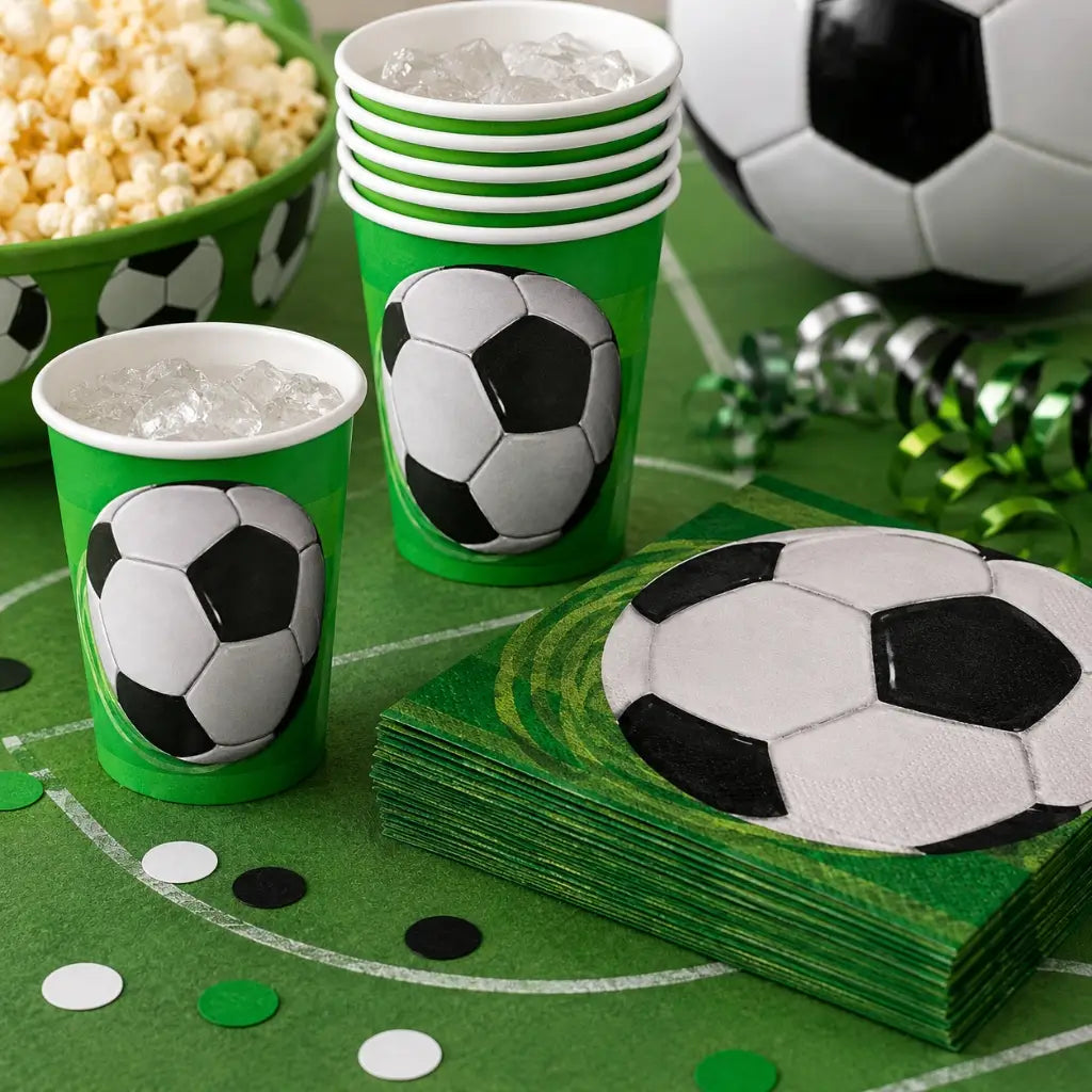 Soccer themed disposable paper cups for birthday parties