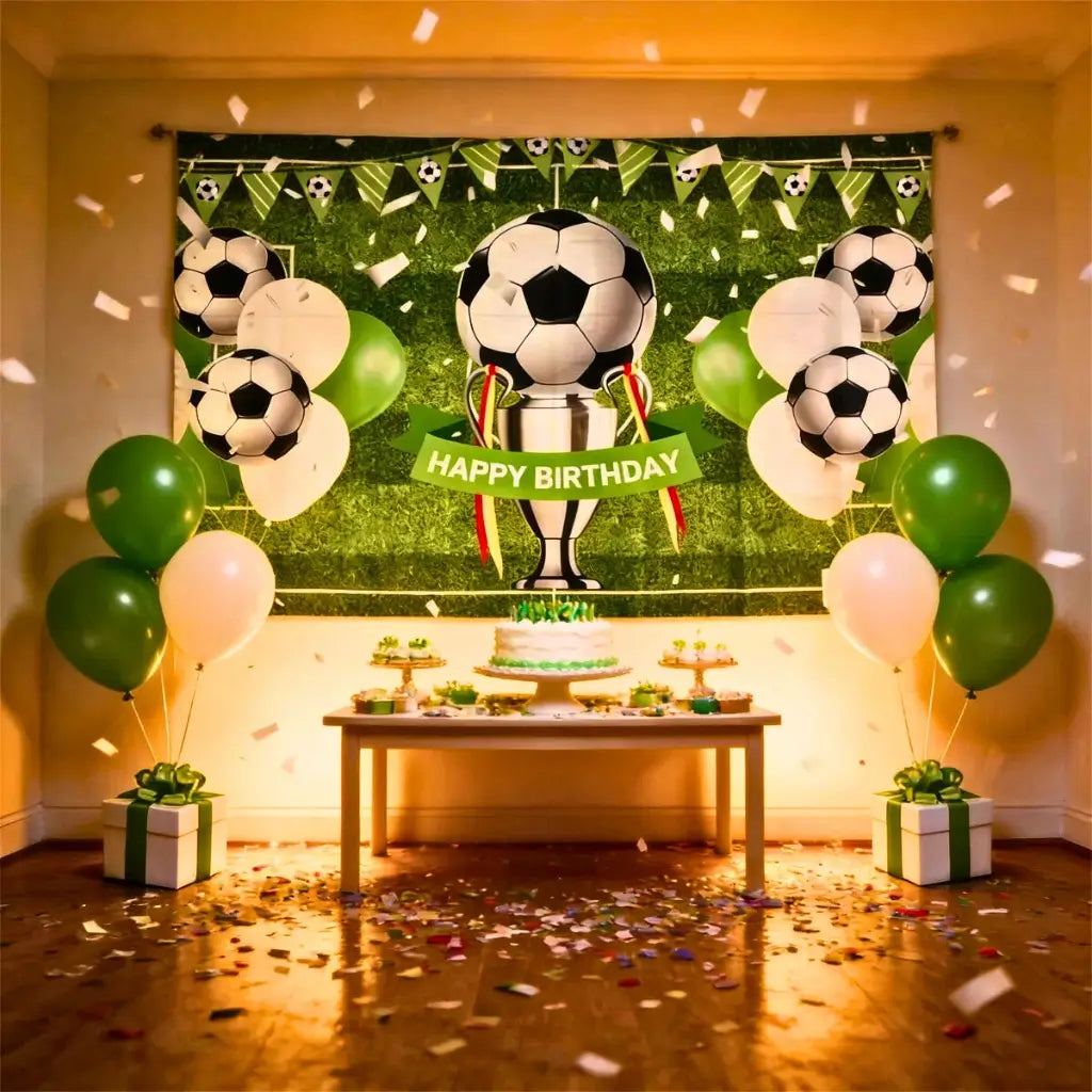 Soccer birthday party backdrop with football field design