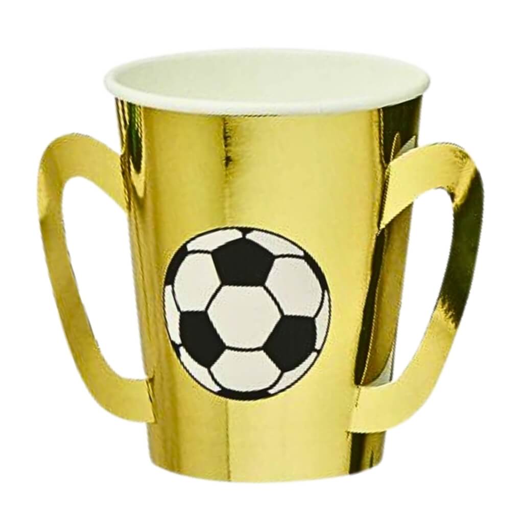 gold trophy soccer themed party paper cups