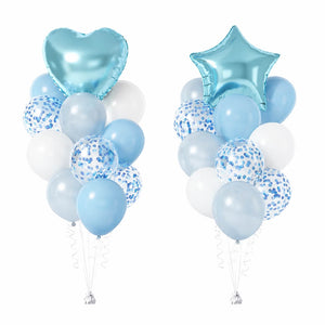 Blue birthday balloons with heart star and confetti