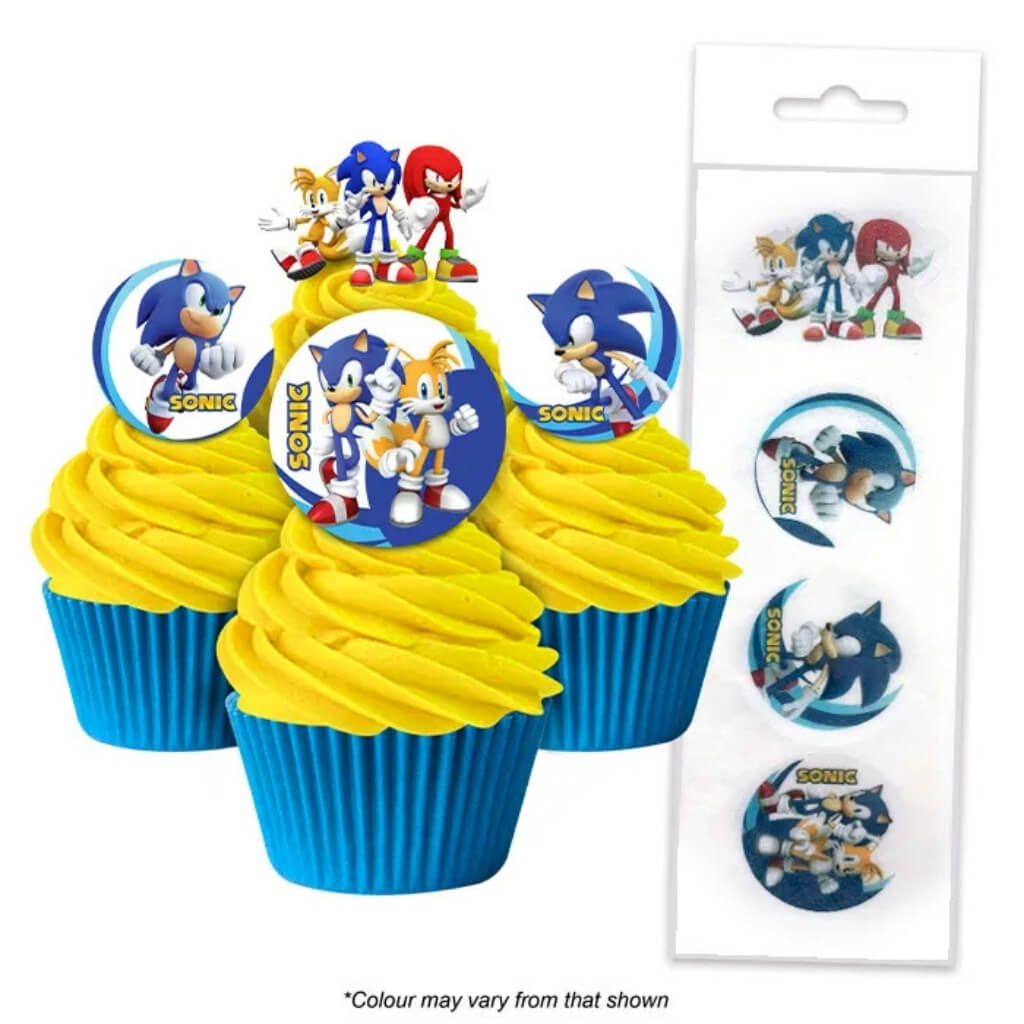 Sonic the Hedgehog edible wafer cupcake toppers featuring Sonic, Tails and Knuckles.