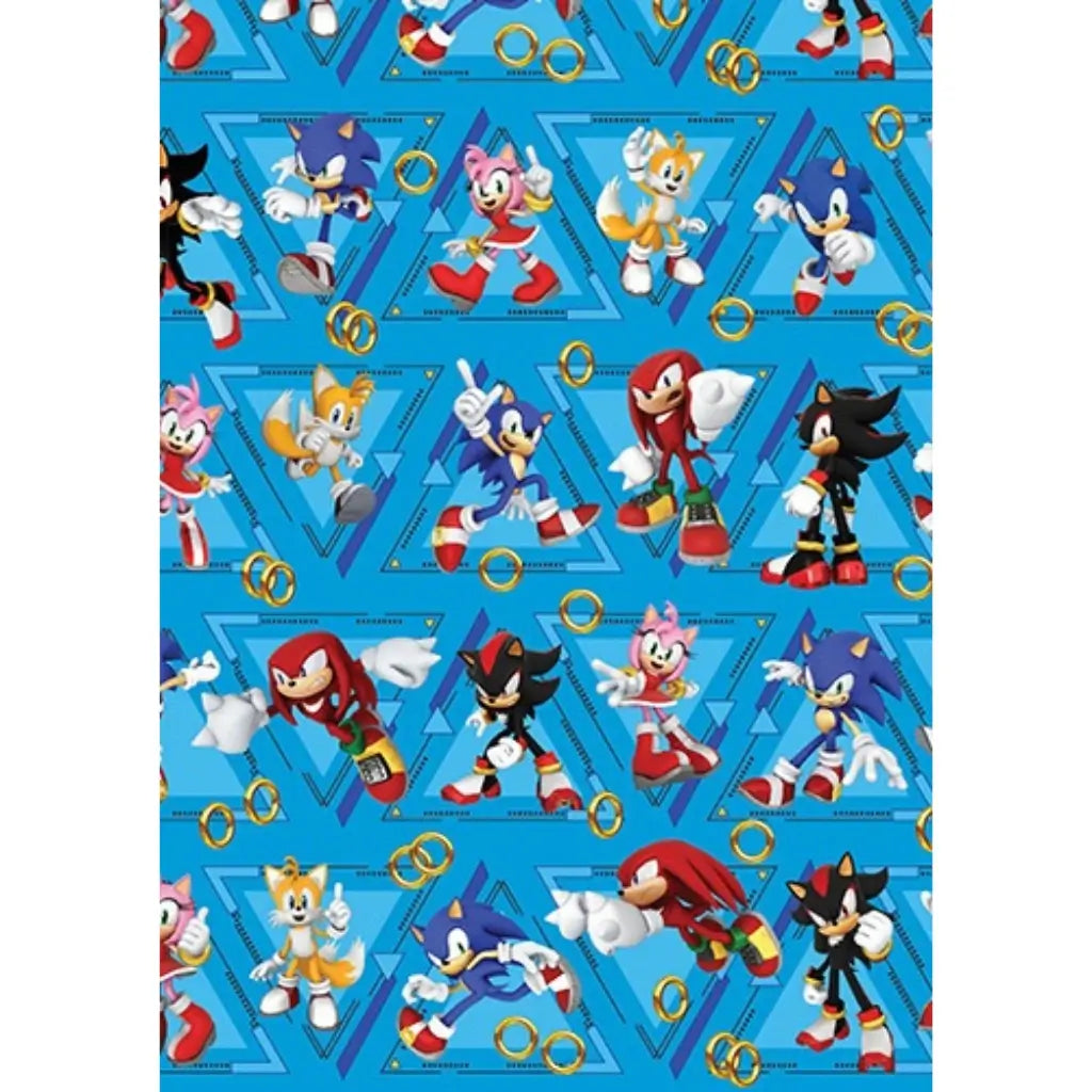 Sonic character wrapping paper featuring Sonic, Tails, Knuckles, Amy and Shadow