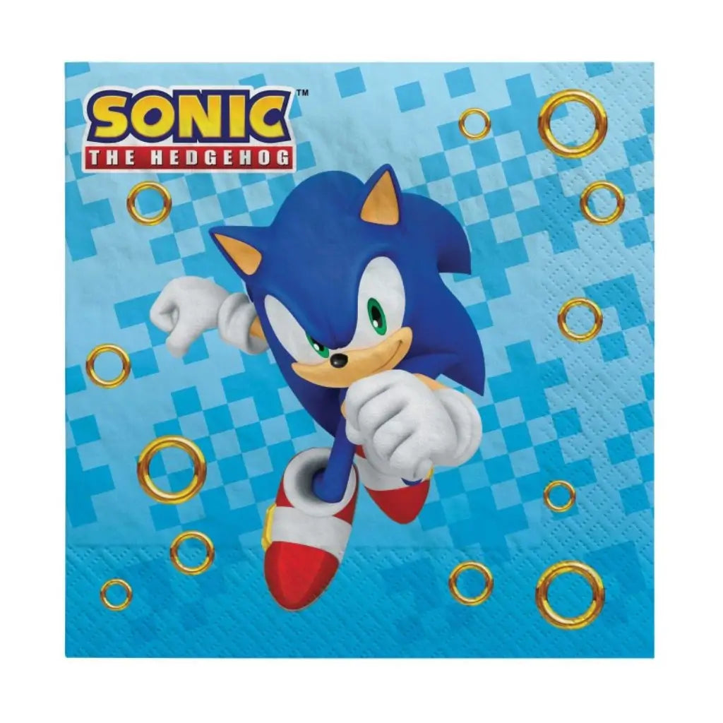Sonic the Hedgehog 33cm lunch napkins featuring Sonic racing through golden rings, pack of 16 disposable paper serviettes for gaming birthday parties and SEGA-themed celebrations.